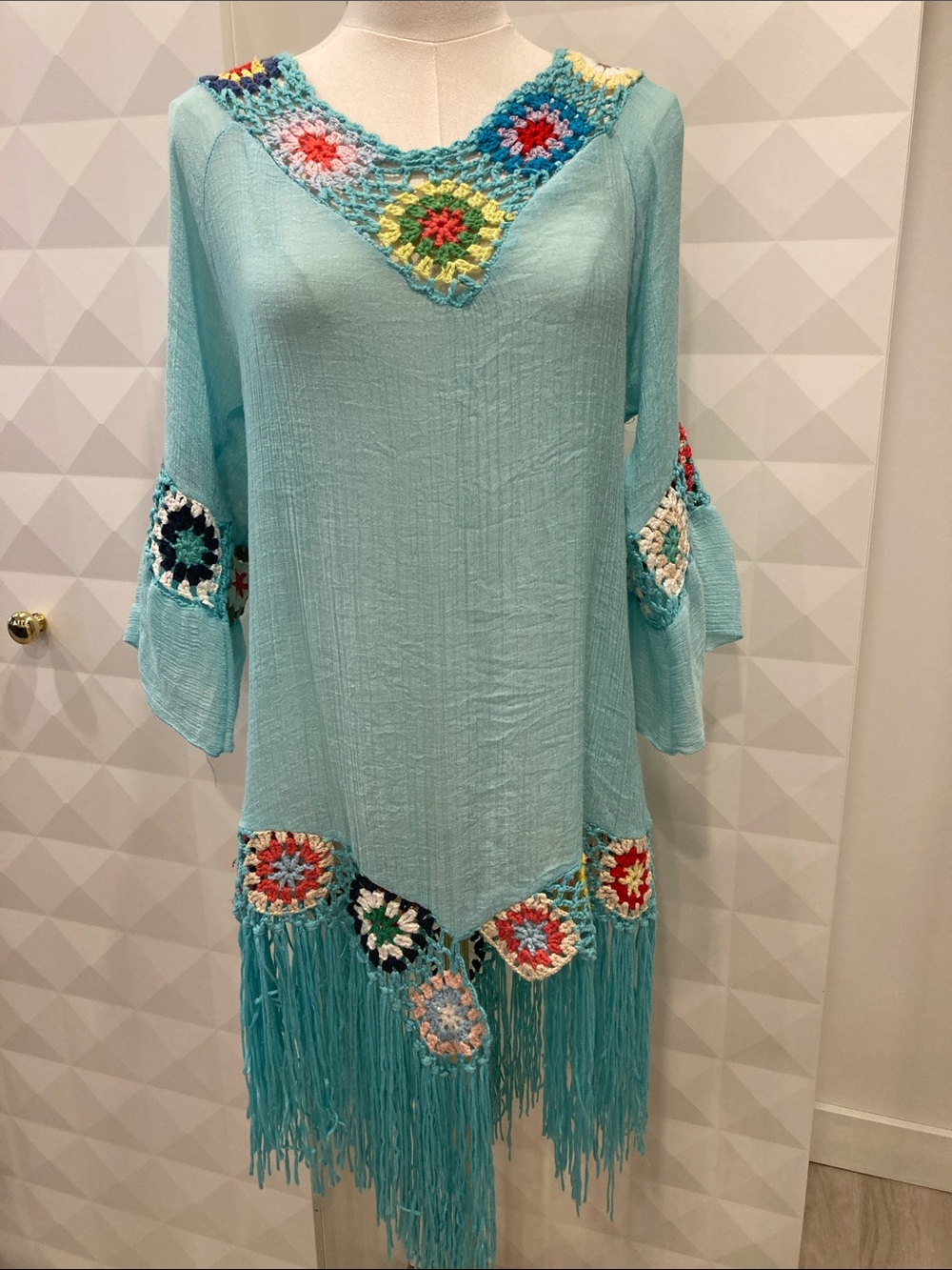 Vintage Aqua Fringe Crochet-Trim Bell Sleeve Beach Boho Dress Cover Up